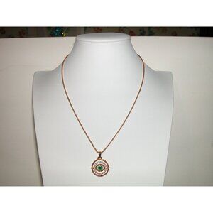 Gold Tone Pendant Necklace With Green & White Gemstones On Rope Chain